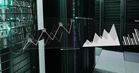 Image of interface with data processing against computer server room Foto stock