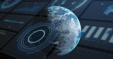 Image of interface with data processing against spinning globe in space 写真素材