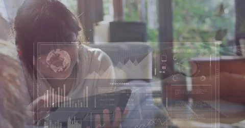 Image of interface with data processing against asian girl using tablet on the 库存照片