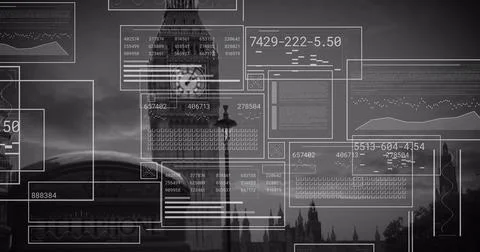 Image of interface with data processing against view of big ben tower Foto stock