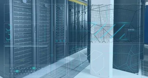 Image of interface with data processing against computer server room Foto stock