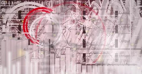 Image of interface with data processing against red background 스톡 사진