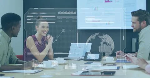 Image of interface with data processing against diverse colleagues discussi.. Stock Photos