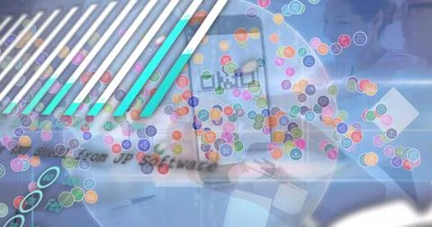 Image of interface with data processing against diverse office colleagues 스톡 사진