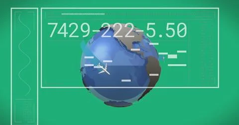 Image of interface with data processing, airplane icons over spinning globe on 스톡 사진