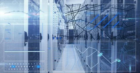 Image of interface with data processing and mosaic squares against computer Illustrazione stock