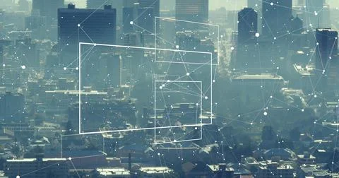 Image of interface with data processing and network of connections over aerial Ilustração Stock
