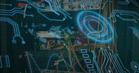 Image of interface with data processing and round scanner over close up of a Stock Photos