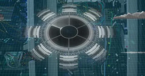 Image of interface with data processing and round scanner over close up of a Stock Photos