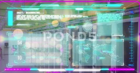 Image of interface with data processing and yellow spots floating over comp.. Foto stock