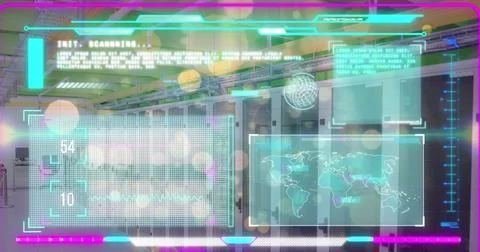 Image of interface with data processing and yellow spots floating over comp.. Foto stock