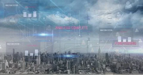 Image of interface with data processing and network of profile icons over Foto stock