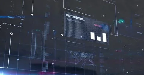 Image of interface with data processing and blue light spot against tall Stock Photos