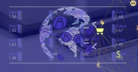 Image of interface with data processing and spinning globe against digital Stock Photos