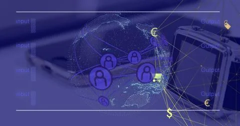 Image of interface with data processing and spinning globe against digital Foto stock