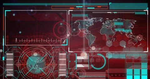 Image of interface with data processing and network of connections against red Foto stock