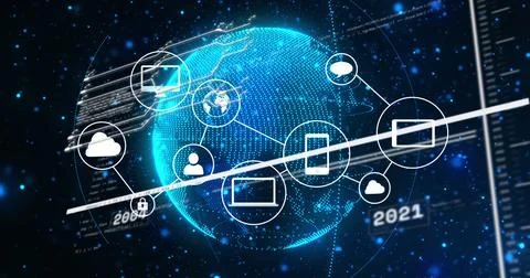 Image of interface with data processing and network of digital icon against Foto stock