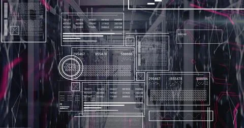 Image of interface with data processing and network of connections against Foto stock