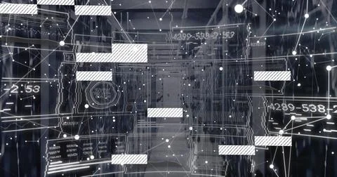 Image of interface with data processing and network of connections against Foto stock