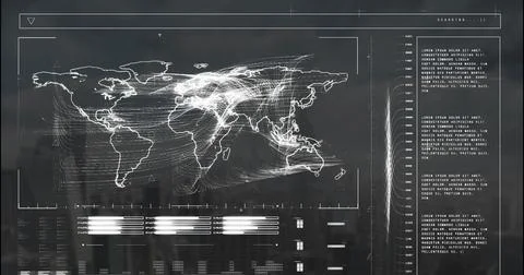Image of interface with data processing over world map against aerial view of 스톡 일러스트