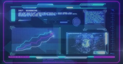 Image of interface with data processing over multiple arrow icons moving against Stock Illustration