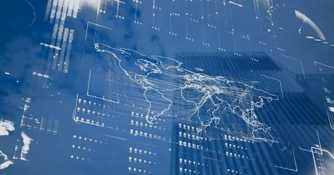 Image of interface with data processing over world map against low angle view of Stock Illustration
