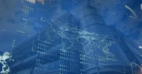 Image of interface with data processing over world map against low angle view of Stock Illustration