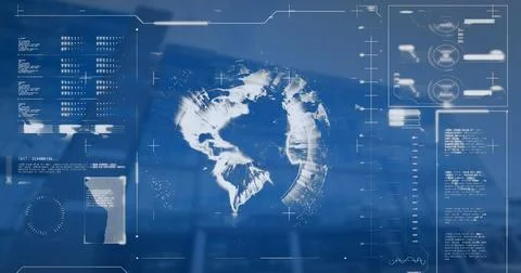 Image of interface with data processing over globe against low angle view of Ilustración de archivo