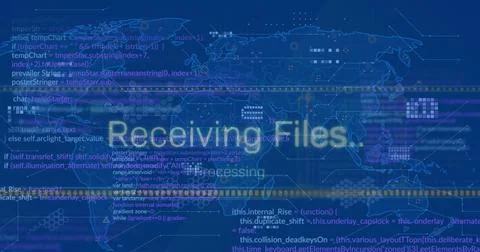 Image of interface with data processing over world map against blue background Stock Illustration