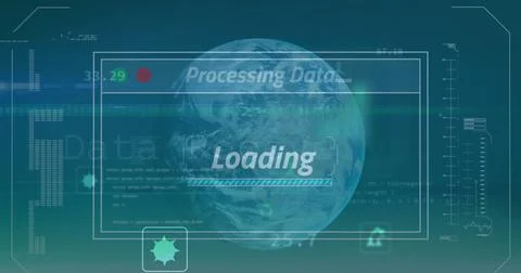 Image of interface with data processing over spinning globe against green Stock Illustration