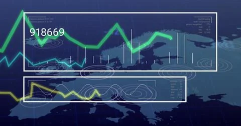 Image of interface with data processing over a world map against blue background Illustrazione stock