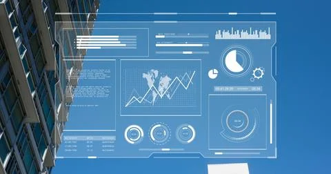 Image of interface with data processing over tall buildings against blue sky Stock Illustration