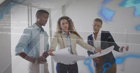 Image of interface with data processing over team of diverse colleagues Illustrazione stock
