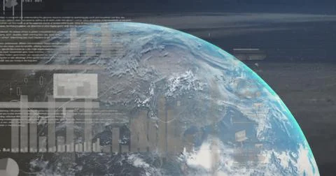 Image of interface with data processing over spinning globe against blue Stockillustratie