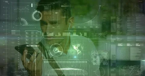 Image of interface with data processing over biracial man talking on smartphone Stock Photos