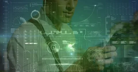 Image of interface with data processing over biracial man using smartphone Foto stock