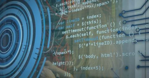 Image of interface with data processing over caucasian female engineer working Foto stock