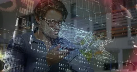 Image of interface with data processing over caucasian man talking on smartphone Foto stock