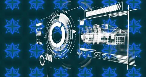 Image of interface with data processing over blue kaleidoscopic patterns in Stockfoto's
