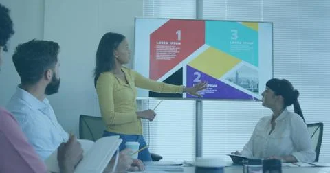 Image of interface with data processing over biracial woman giving a presen.. Stock Photos