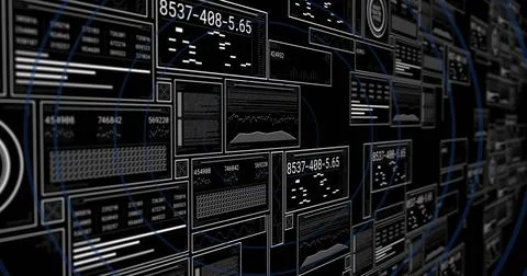 Image of interface with data processing over blue concentric circles against Stock Photos