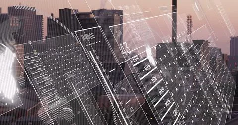 Image of interface with data processing over spinning globe against aerial view Stock Photos