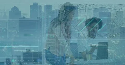 Image of interface with data processing over diverse man and woman discussing at Foto stock