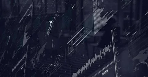 Image of interface with data processing over spinning globe against empty office Stock Photos