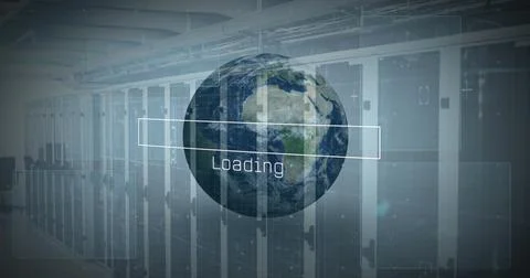 Image of interface with data processing over spinning globe against computer Stock Photos