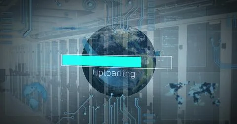 Image of interface with data processing over spinning globe against computer Stock Photos