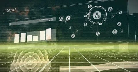 Image of interface with data processing over yellow grid network against black Stock Photos