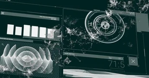 Image of interface with data processing over spinning dna structure against Stock Photos