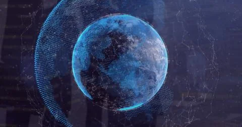 Image of interface with data processing over a globe against blue background Stockfoto's