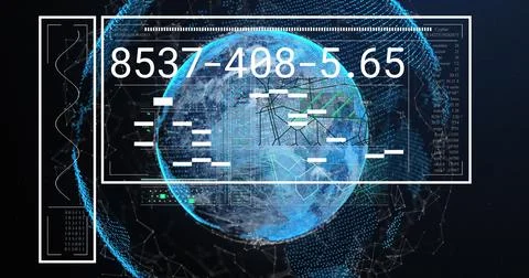 Image of interface with data processing over globe and network of connections on 写真素材